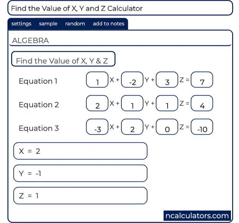 Find the Value of X, Y and Z Calculator
