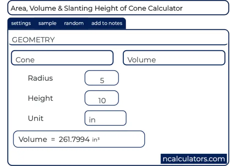 cone volume calculator