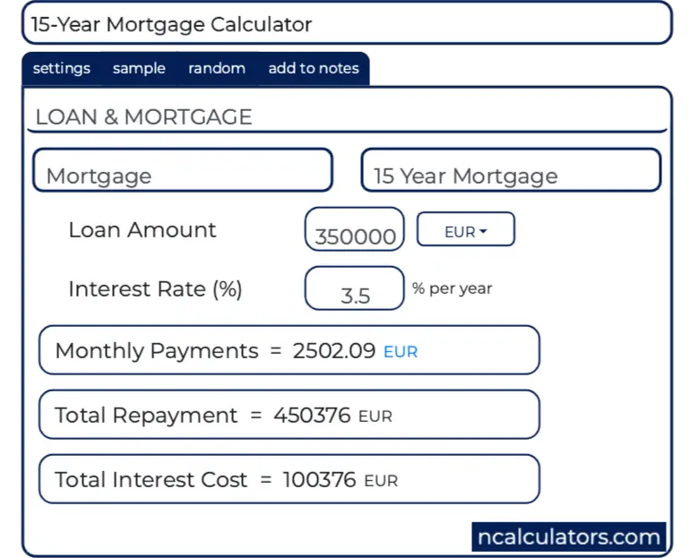 15 Year Mortgage Payment Chart