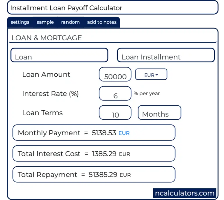 Installment Loan Payoff Calculator