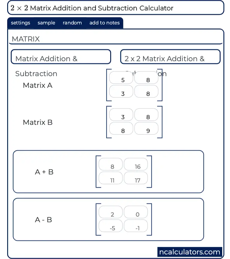 2x2 Matrix Addition And Subtraction Calculator