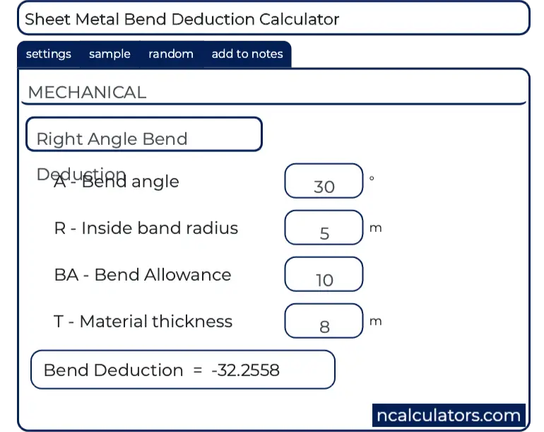 Pipe Bending Deduction Chart