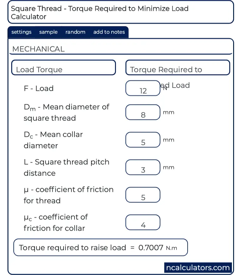 Torque Required to Lower Load Calculator